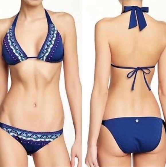 Nanette Lepore 2-Piece Bikini Swimsuit Triangle Top Beaded Costa Del Sol Navy S - Picture 16 of 16
